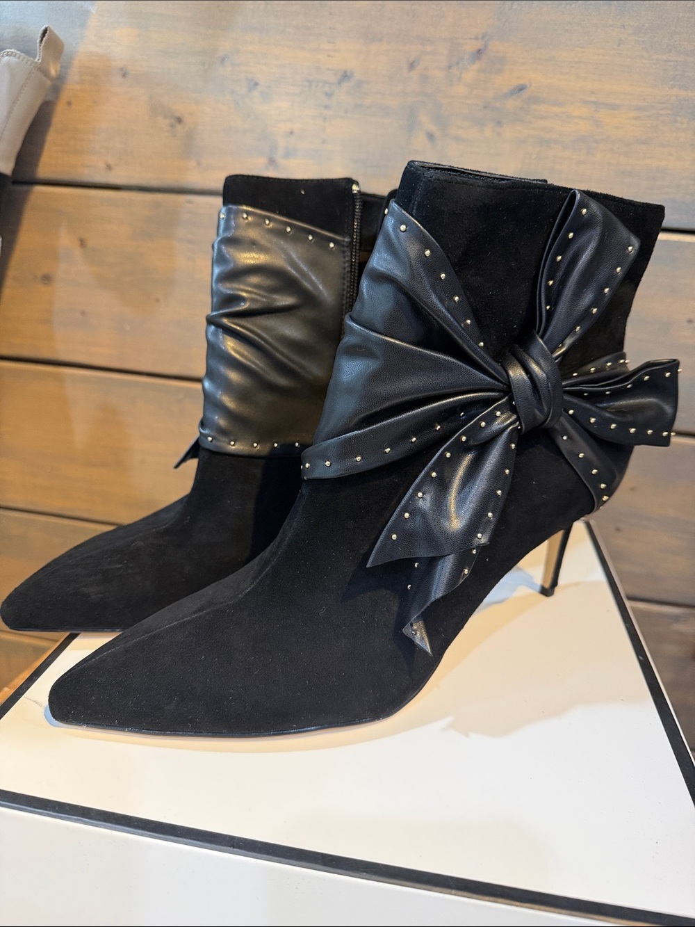 Black Bow-Accent Suede Ankle Boots - Women